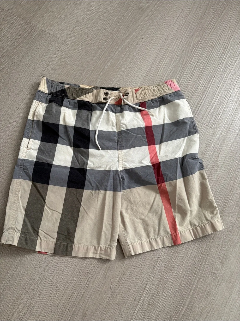 Burberry Men’s Check Swim Trunks in Beige, Gray & Red